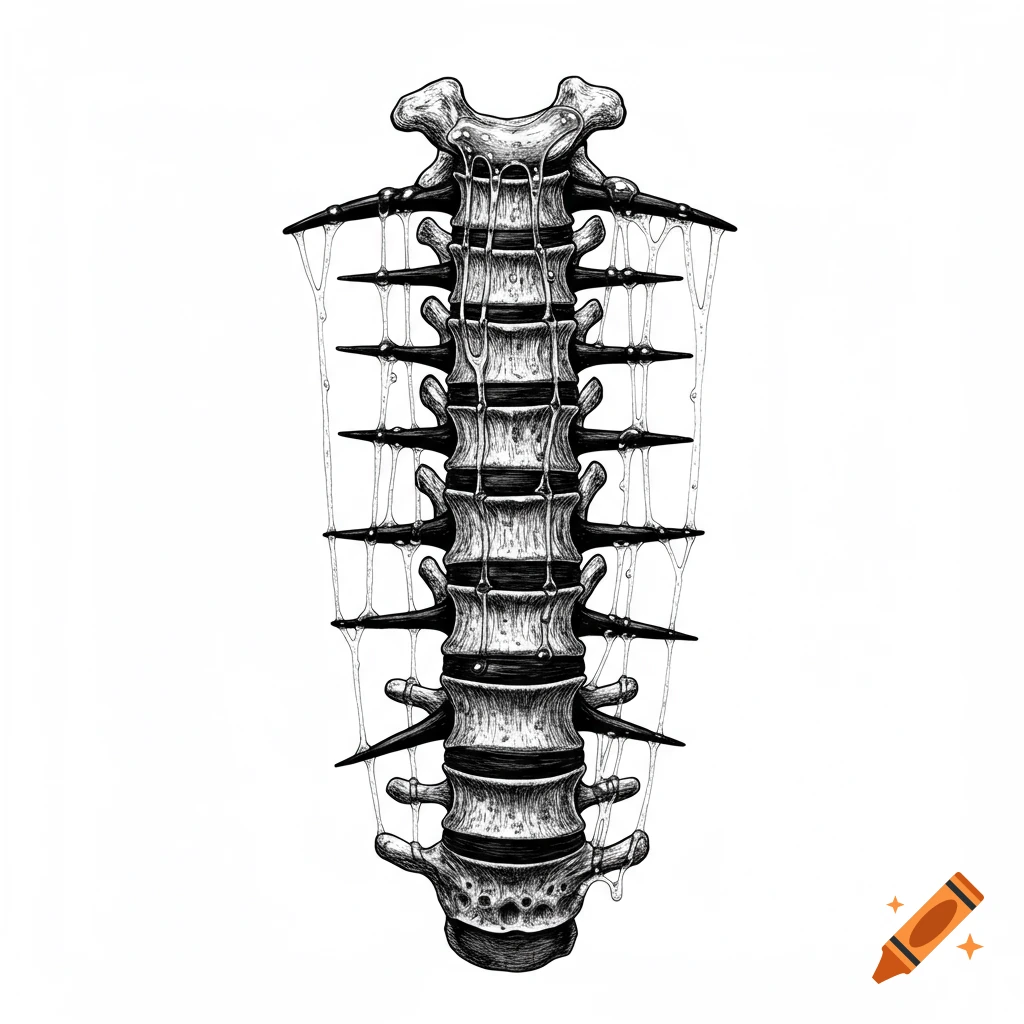 Black and white illustration of a skeleton spine with sharp black spikes and dripping white liquid on a white background.