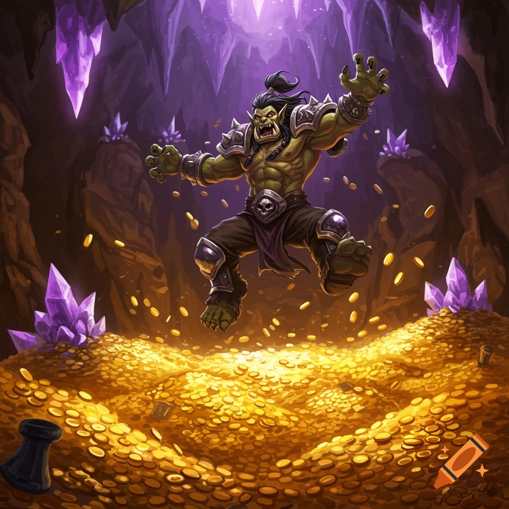 A green orc in armor jumps into a massive pile of gold coins inside a cave lit by glowing purple crystals.