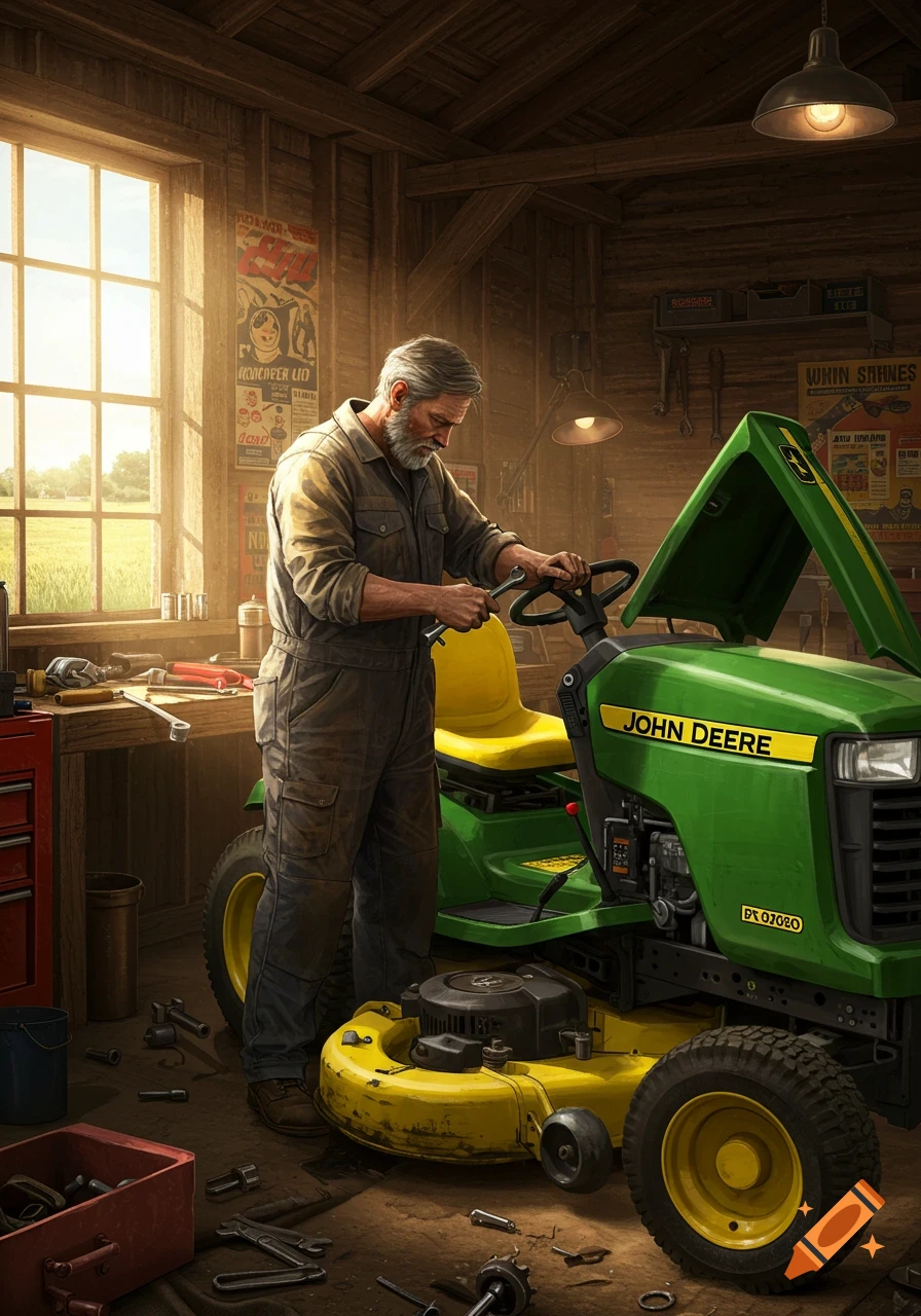 A man in overalls repairs a green John Deere riding mower inside a sunlit wooden shed, tools scattered around.
