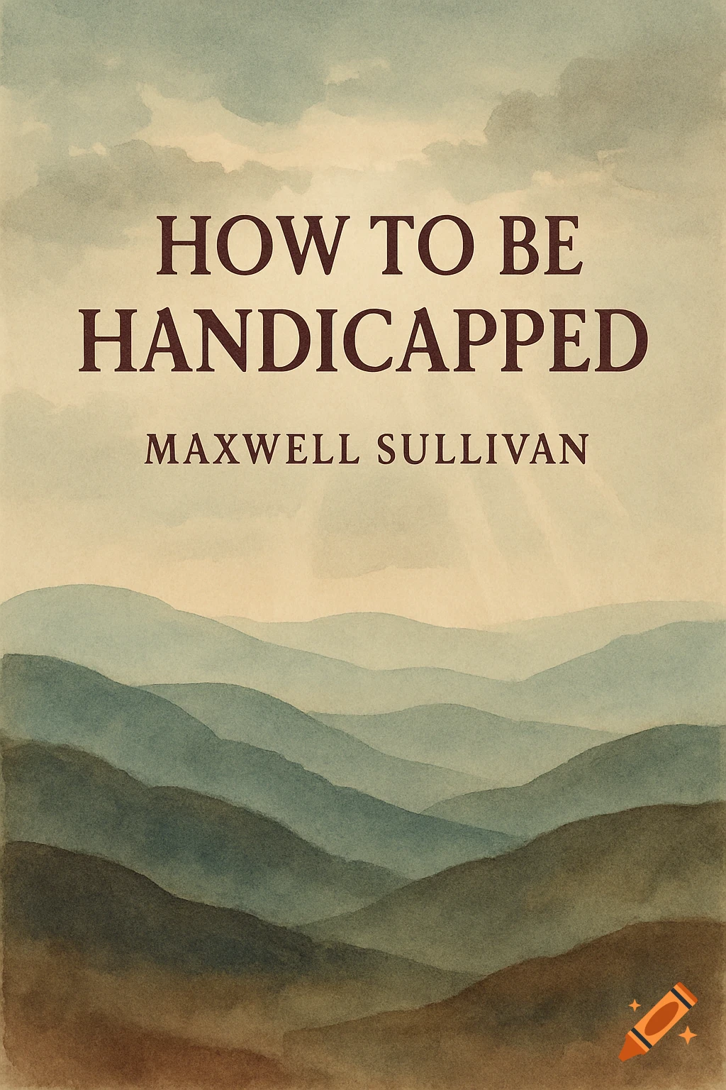 Watercolor book cover "How to Be Handicapped" by Maxwell Sullivan, showing misty blue-green mountains and clouds.
