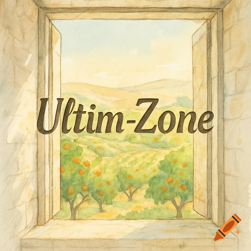 A watercolor illustration of an Italian landscape with rolling orchards and hills, viewed through a stone window frame, with the text "Ultim-Zone" floating above the orchards.