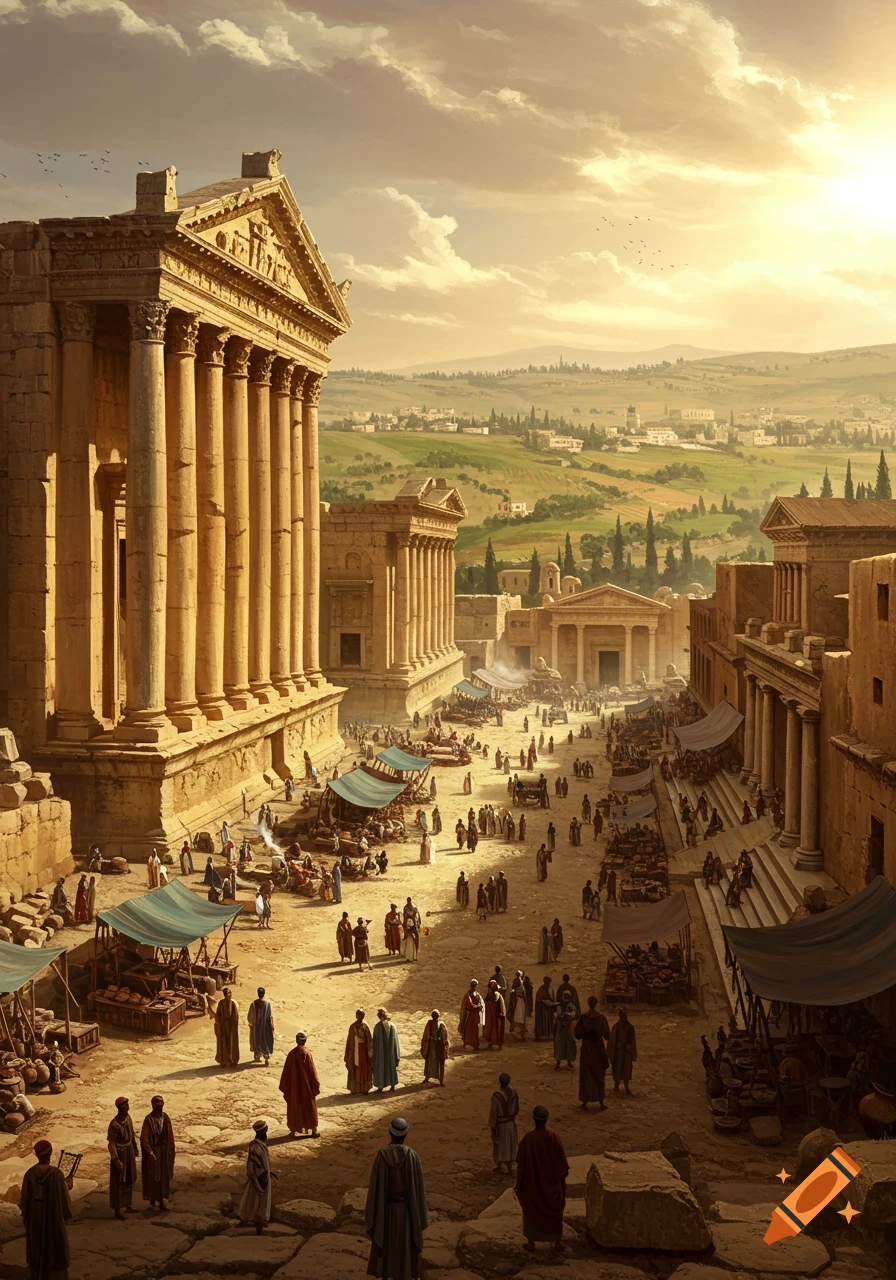 A vibrant ancient city scene with grand classical temples and a bustling market filled with people under a bright, sunny sky.