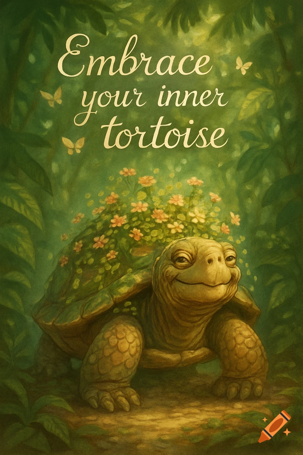 A smiling tortoise with flowers on its shell in a lush green forest. Text: 'Embrace your inner tortoise'. Painterly illustration.