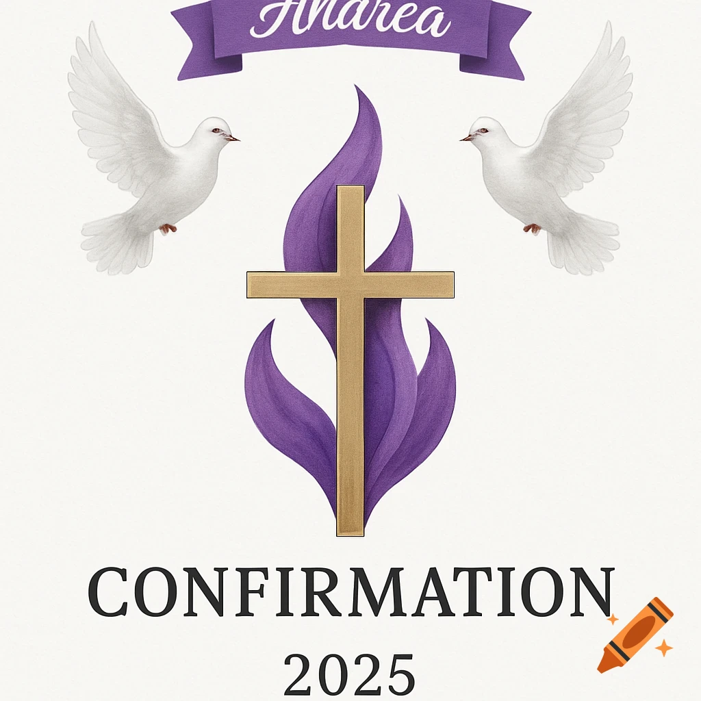 A confirmation banner with a purple ribbon at the top featuring the name Andrea. Below, a gold cross is set against a purple flame, flanked by two white doves. At the bottom, the text 'CONFIRMATION 2025' is displayed.