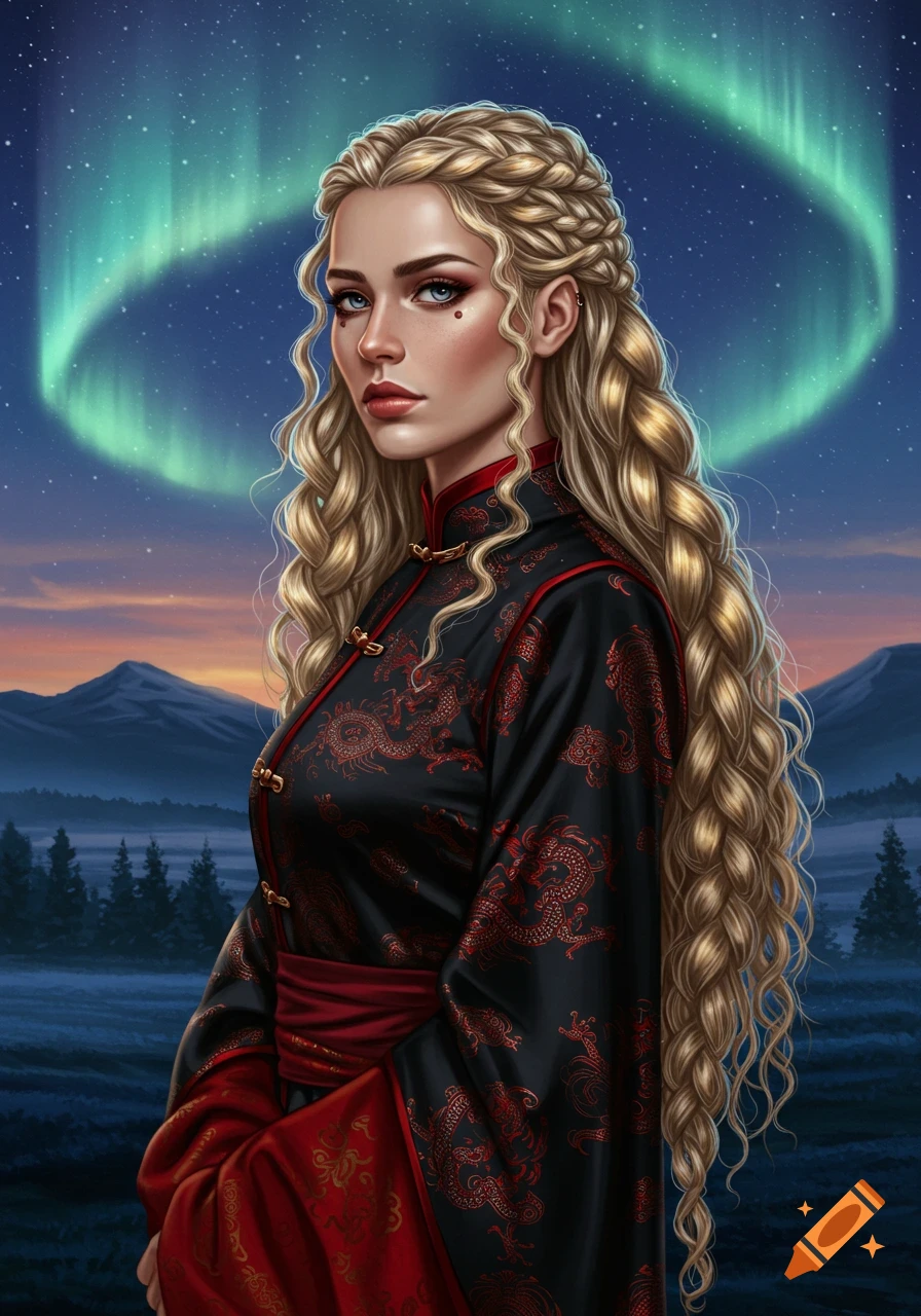 A blonde fantasy princess in a black and red dragon-patterned outfit, standing under green aurora borealis.