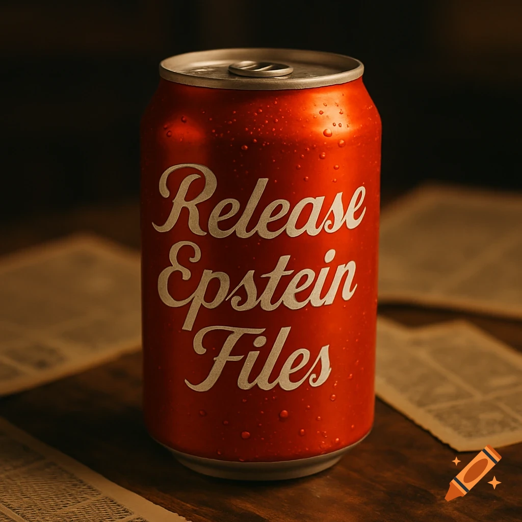 A photorealistic image of a red soda can with water droplets, featuring the text 'Release Epstein Files' in white script, on a wooden surface with blurred papers in the background.