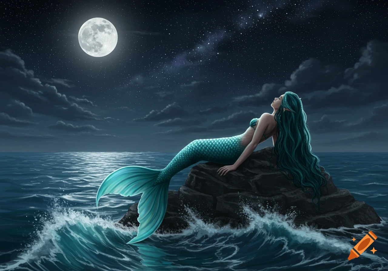 A mermaid with long teal hair and a teal tail lies on a rock in the ocean, gazing at a bright full moon and starry night sky.