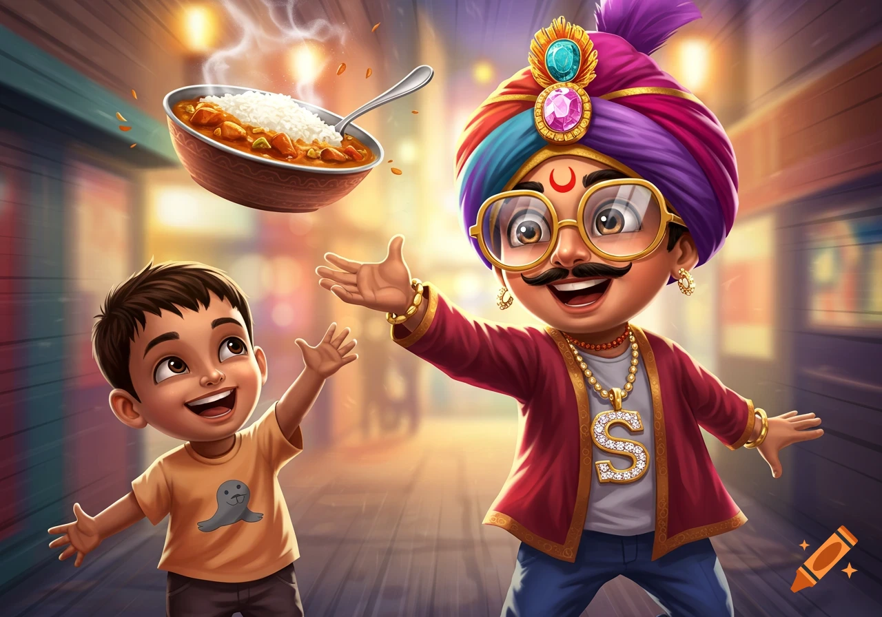 A cartoon illustration of an Indian man in a turban and glasses throwing a bowl of curry and rice at a smiling boy wearing a seal shirt.