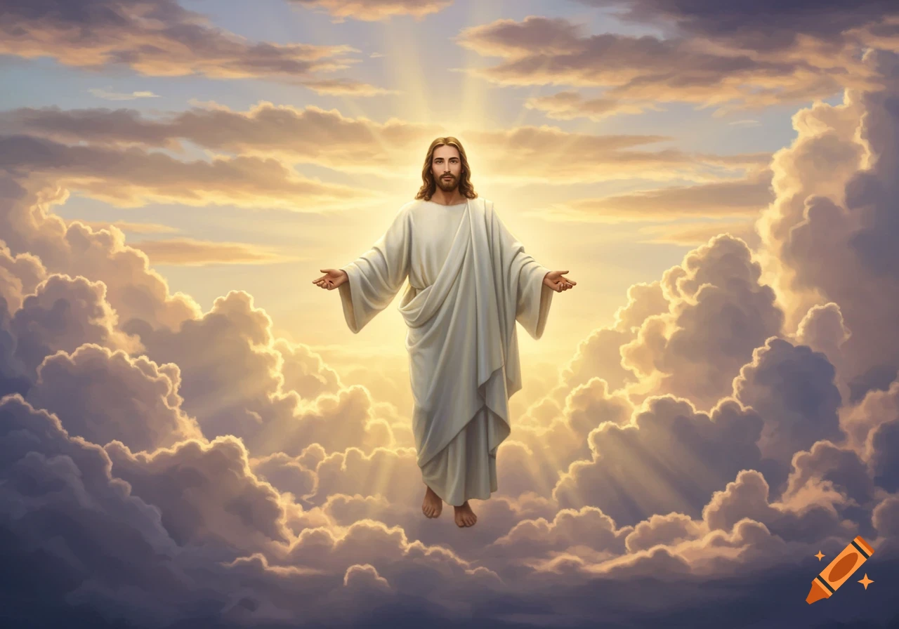Jesus with outstretched arms floats among bright clouds with divine light emanating from behind him.