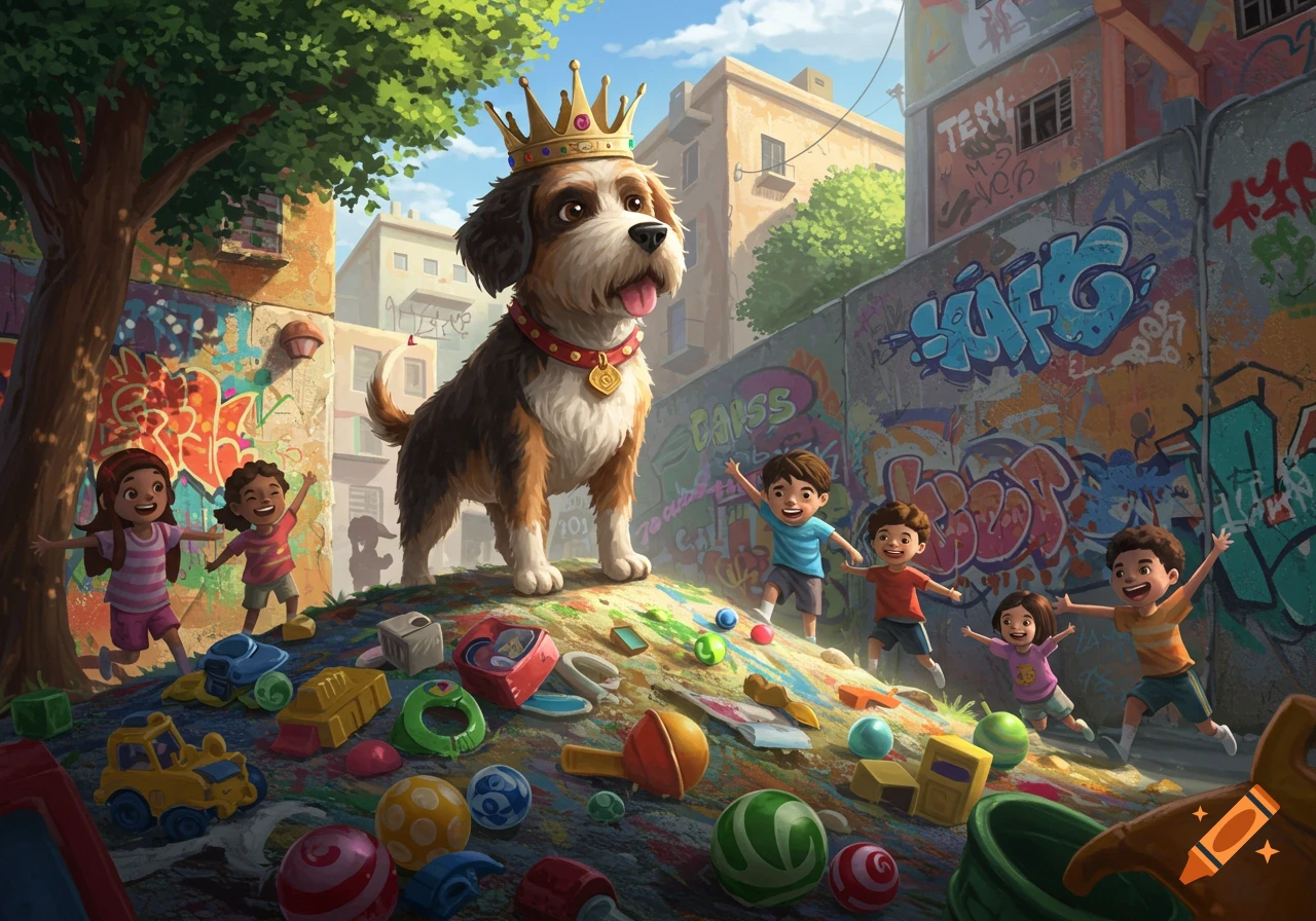 An illustrated scene of a large brown and white dog wearing a golden crown standing on a pile of colorful toys, surrounded by happy children in a vibrant, graffiti-covered urban alley.