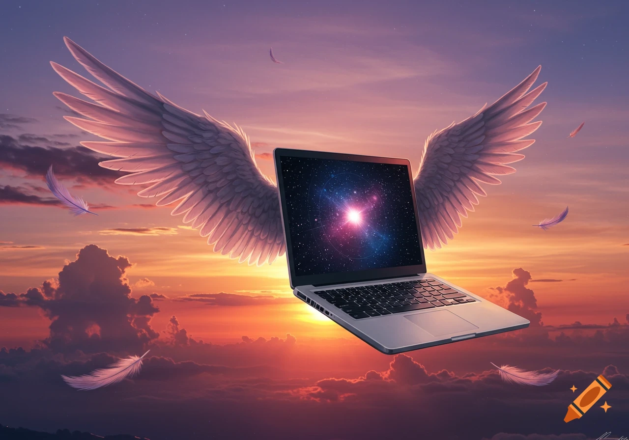 A laptop with large white wings flies through a vibrant purple and orange sunset sky, with a galaxy displayed on its screen.