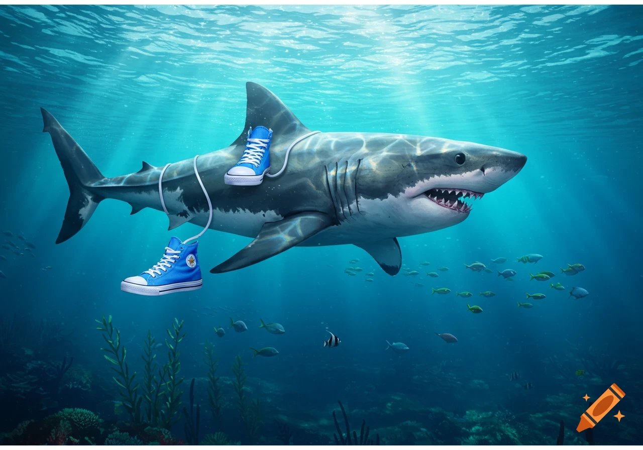 A photorealistic shark swims underwater with two bright blue high-top sneakers attached to its back.