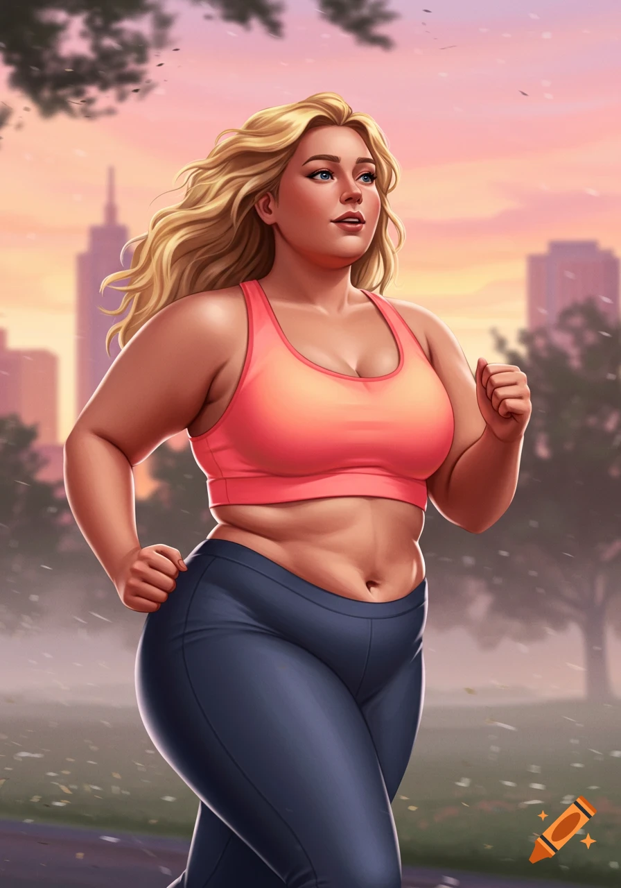 A digitally illustrated blonde plus-sized woman jogs in a pink crop top and blue leggings through a park with city buildings at sunrise.