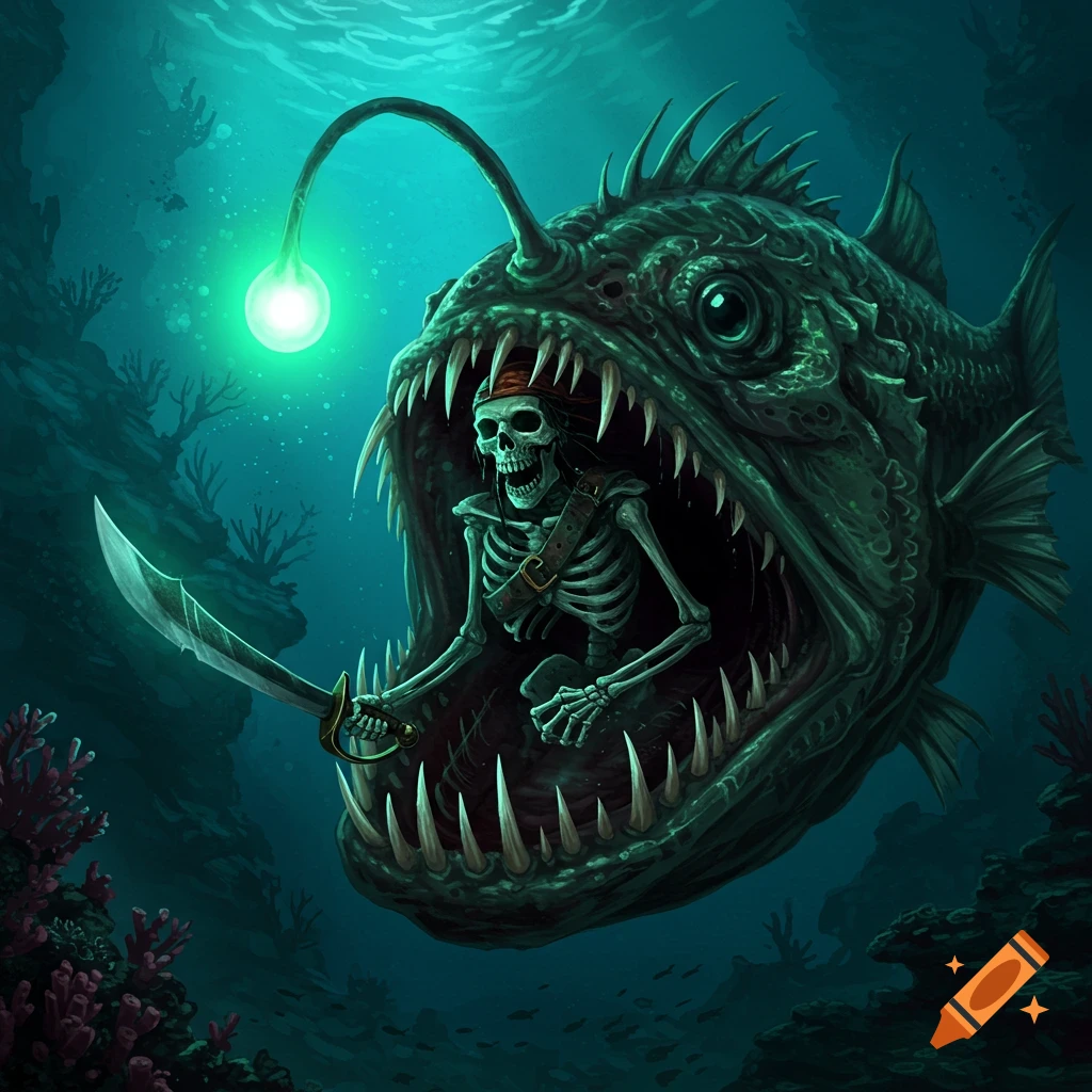 A pirate skeleton with a cutlass emerges from the gaping mouth of a giant anglerfish in a dark, glowing underwater scene.
