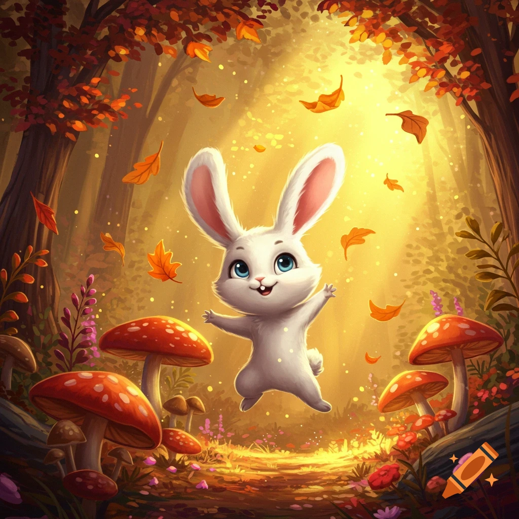 A cute animated white bunny with blue eyes leaps with open arms in a magical autumn forest with falling leaves and glowing mushrooms.