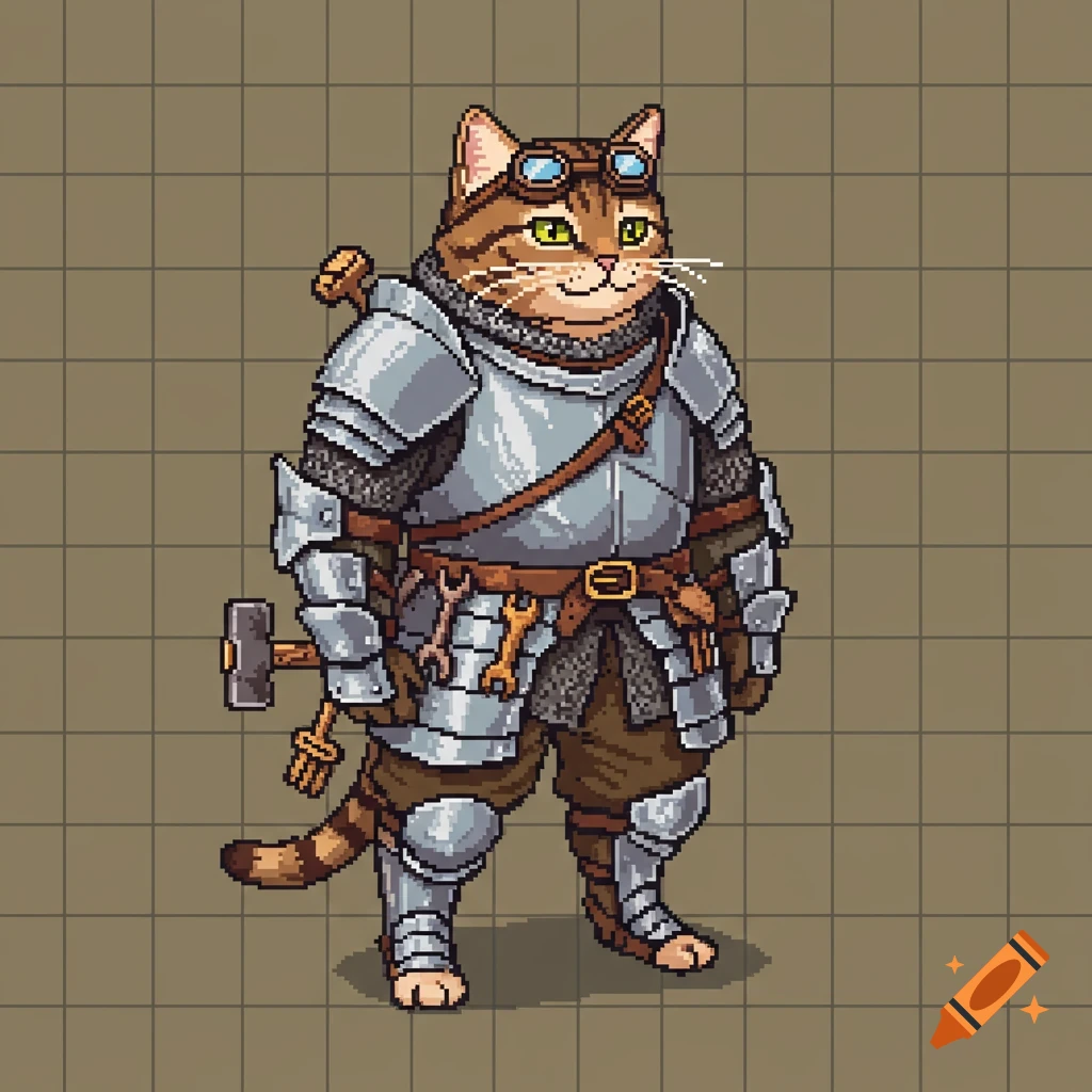 A pixel art image of a tabby cat in silver armor and goggles, holding a hammer and wrenches, standing on a grid background.