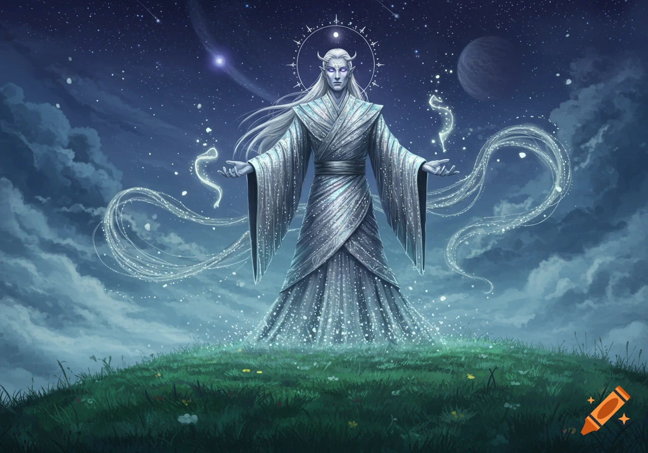 Ethereal elf-like figure with white hair and glowing eyes, wearing a robe, emitting magic on a grassy hill under a starry night sky with a planet.