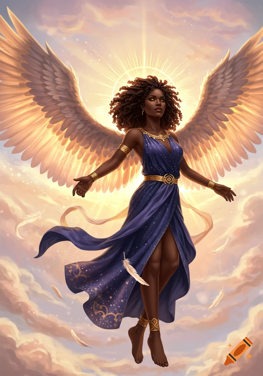 Illustrative depiction of an African American angel with large wings, floating in a cloud-filled sky with a radiant halo.