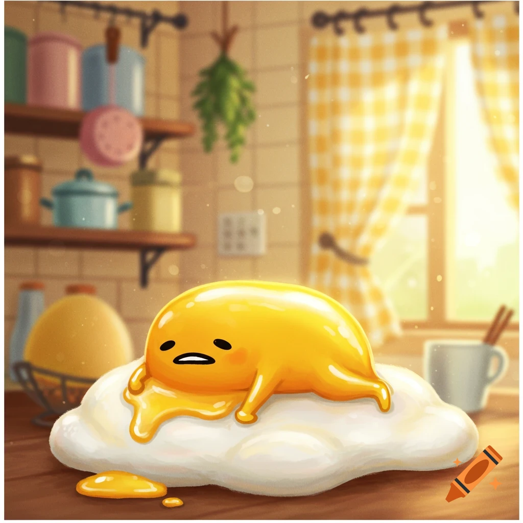 Cartoon egg yolk character Gudetama lazily sprawled on an egg white in a bright, sunny kitchen.