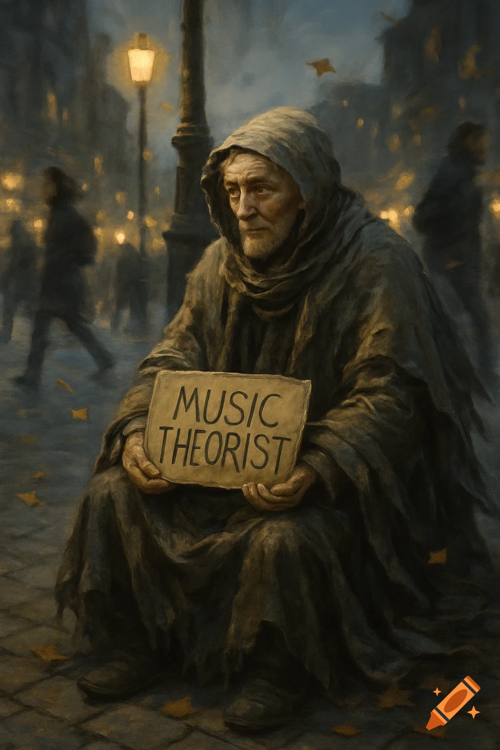 A painting of an old man in a hooded cloak sitting on a street, holding a sign that says 'MUSIC THEORIST'.