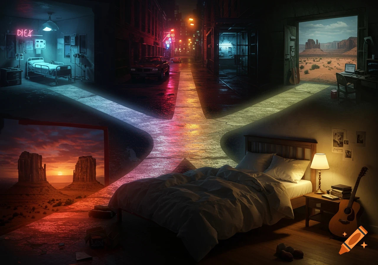 Surreal digital art with a bed radiating glowing paths to different scenes: a hospital, city street, desert, and a bedroom.