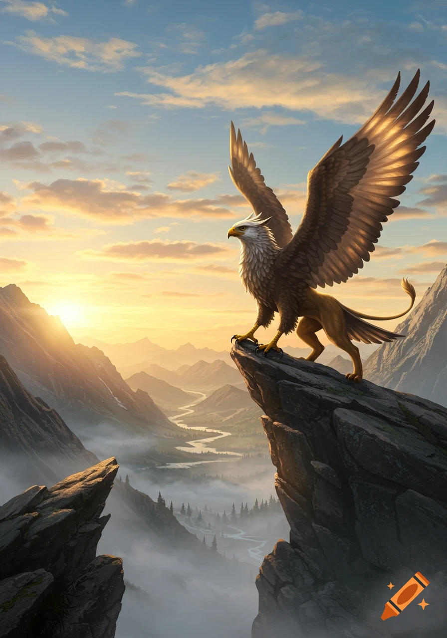 A majestic griffin stands on a mountain peak at sunrise, overlooking a misty valley with a winding river.