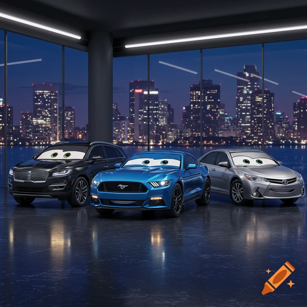 A black Lincoln MKC, blue Ford Mustang, and silver Toyota Camry, all with cartoon eyes and faces, in a high-rise showroom overlooking a city skyline at night.