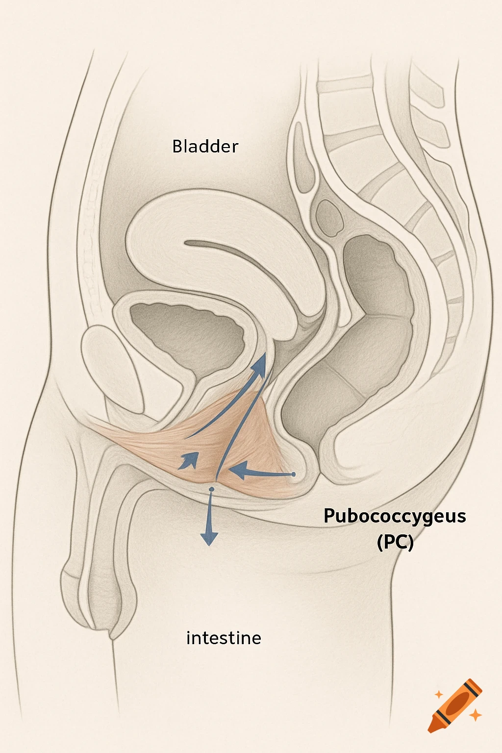 An anatomical diagram of the male pelvic floor showing the bladder, intestine, and pubococcygeus muscle with contraction arrows.