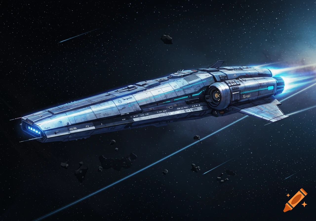 A futuristic blue and silver spaceship with glowing thrusters flies through a star-filled space with asteroids.