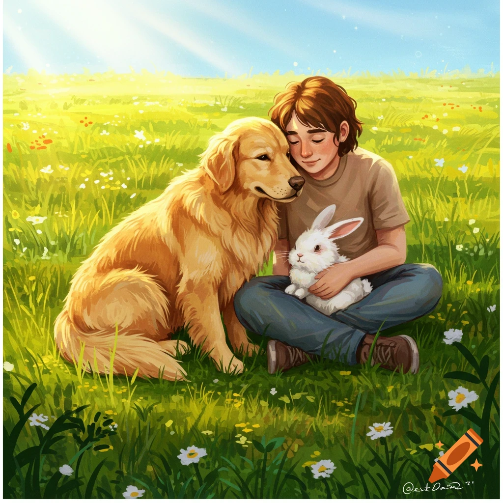 A golden retriever, a person, and a white bunny cuddle in a sunny field of green grass and wildflowers, in a bright illustration.