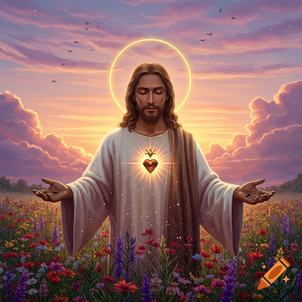 A serene painting of Jesus Christ with a halo and glowing heart, standing in a vibrant field of colorful flowers under a pastel sunset.
