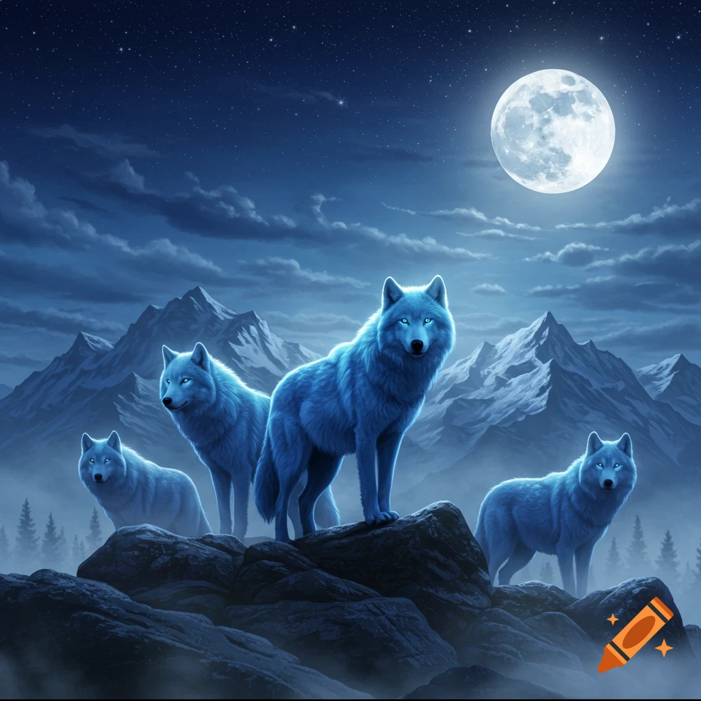 Four luminous blue wolves stand on rocky terrain under a bright full moon and starry night sky in a mountain range.