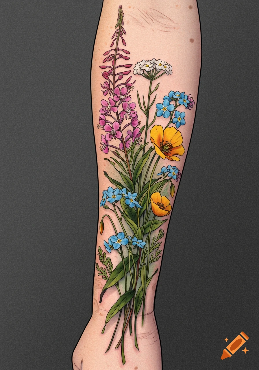 A colorful tattoo of pink, yellow, and blue wildflowers on a person's forearm.