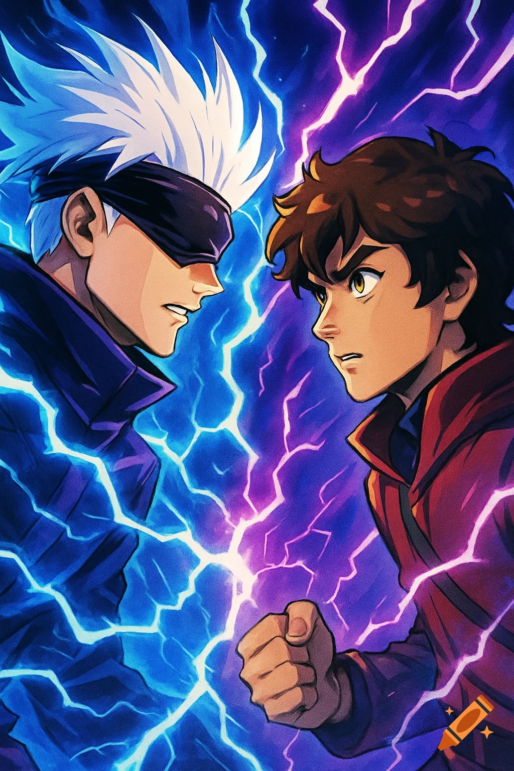Anime poster of two characters, one with white spiky hair and blindfold, facing another with brown curly hair, amidst blue and purple lightning.