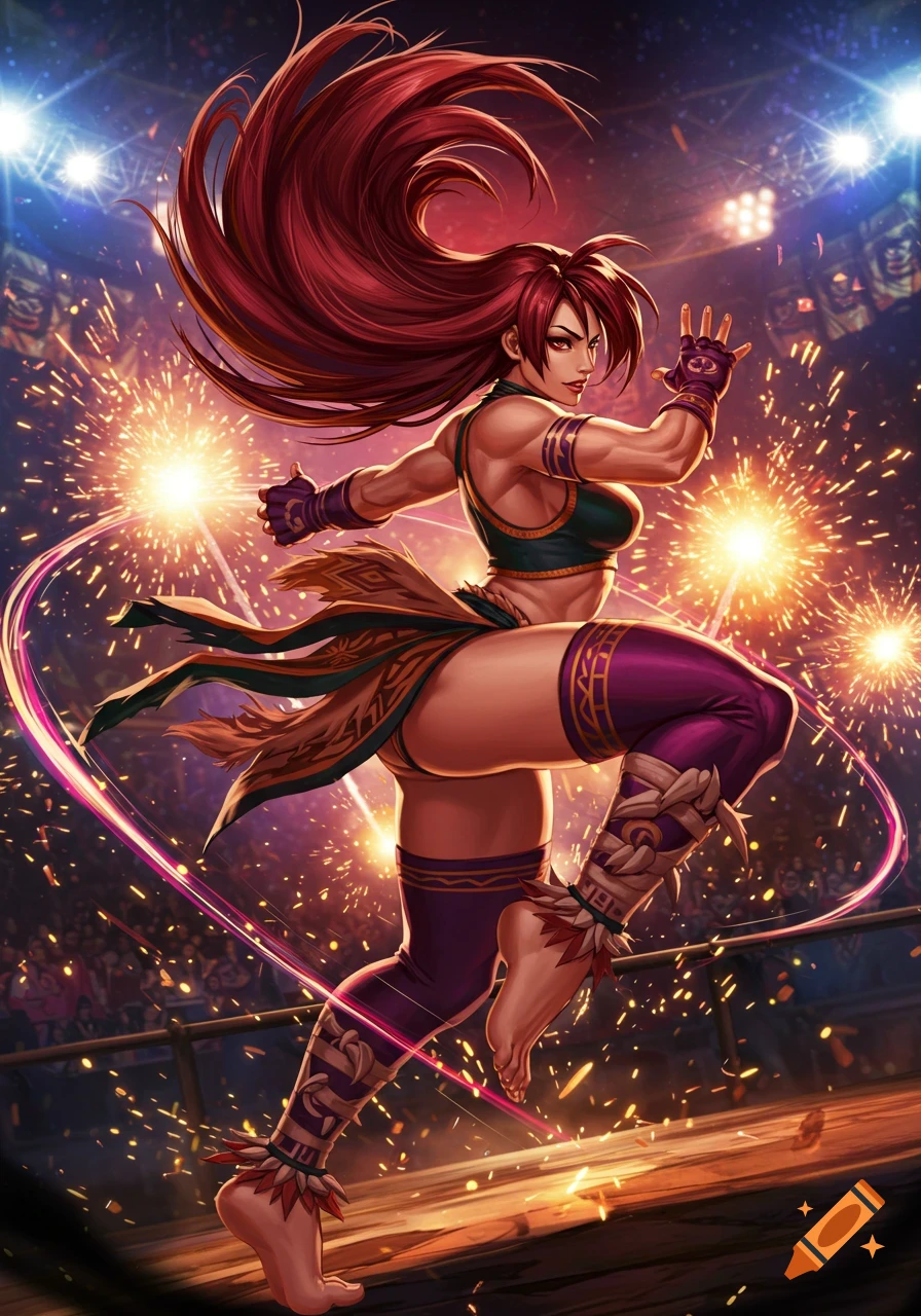 A stylized illustration of a female fighting game character with long red hair, wearing a green top and purple pants, kicking in a brightly lit arena with sparks.
