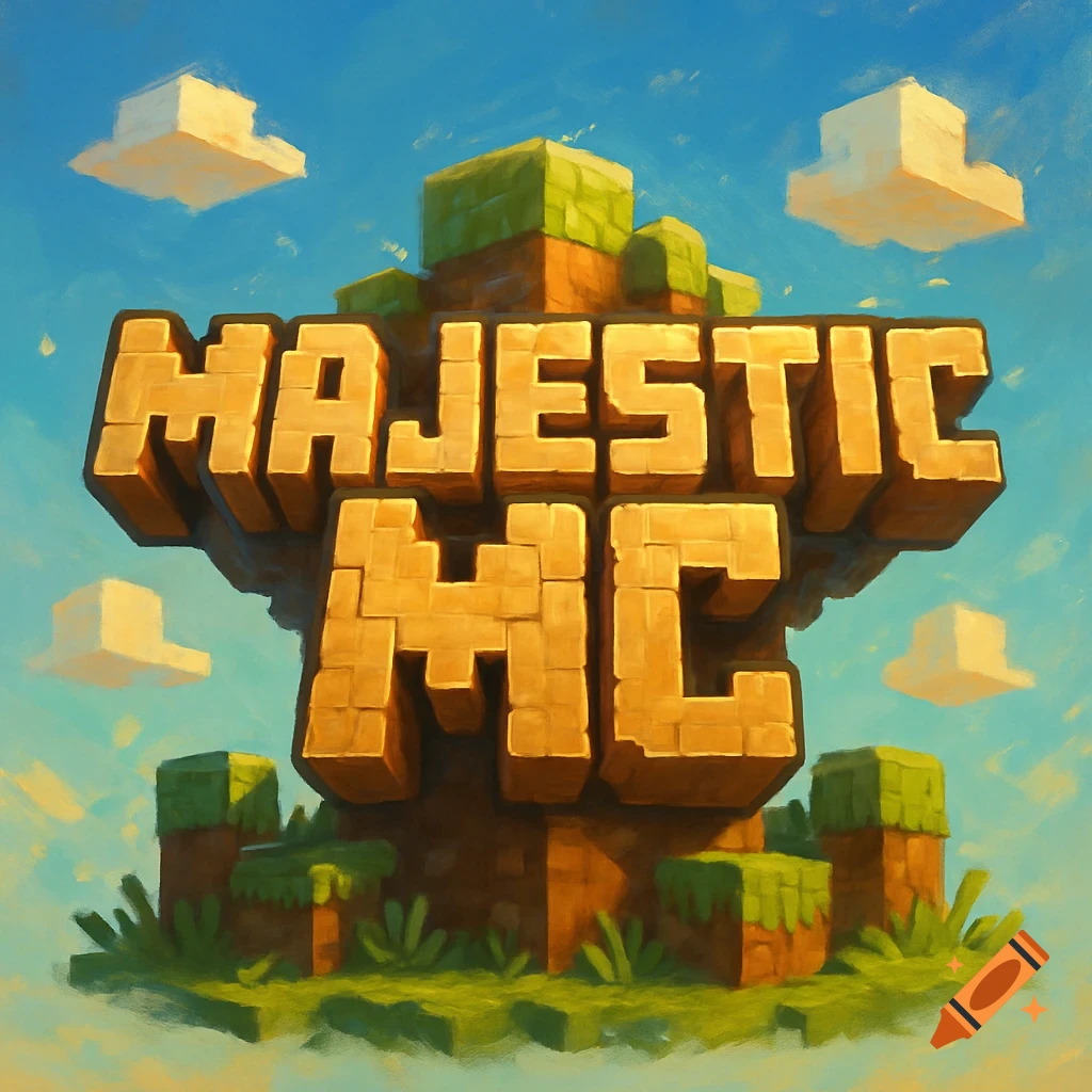 A blocky, Minecraft-themed logo featuring the words "MAJESTIC MC" against a blue sky with blocky clouds.