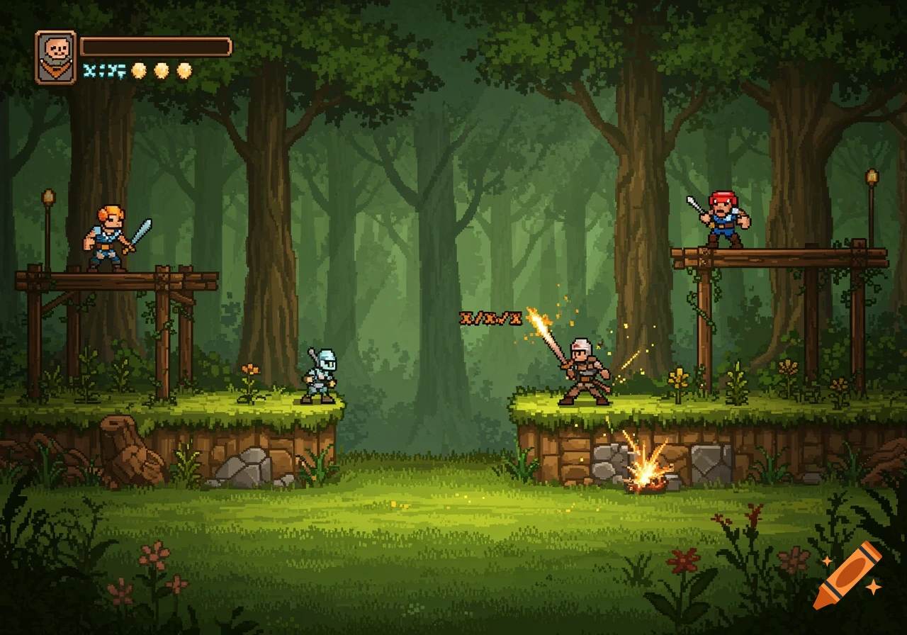 Pixel art battle scene in a forest with four characters on platforms. Two characters are fighting in the center, one on a lower platform, and two others are on higher platforms.