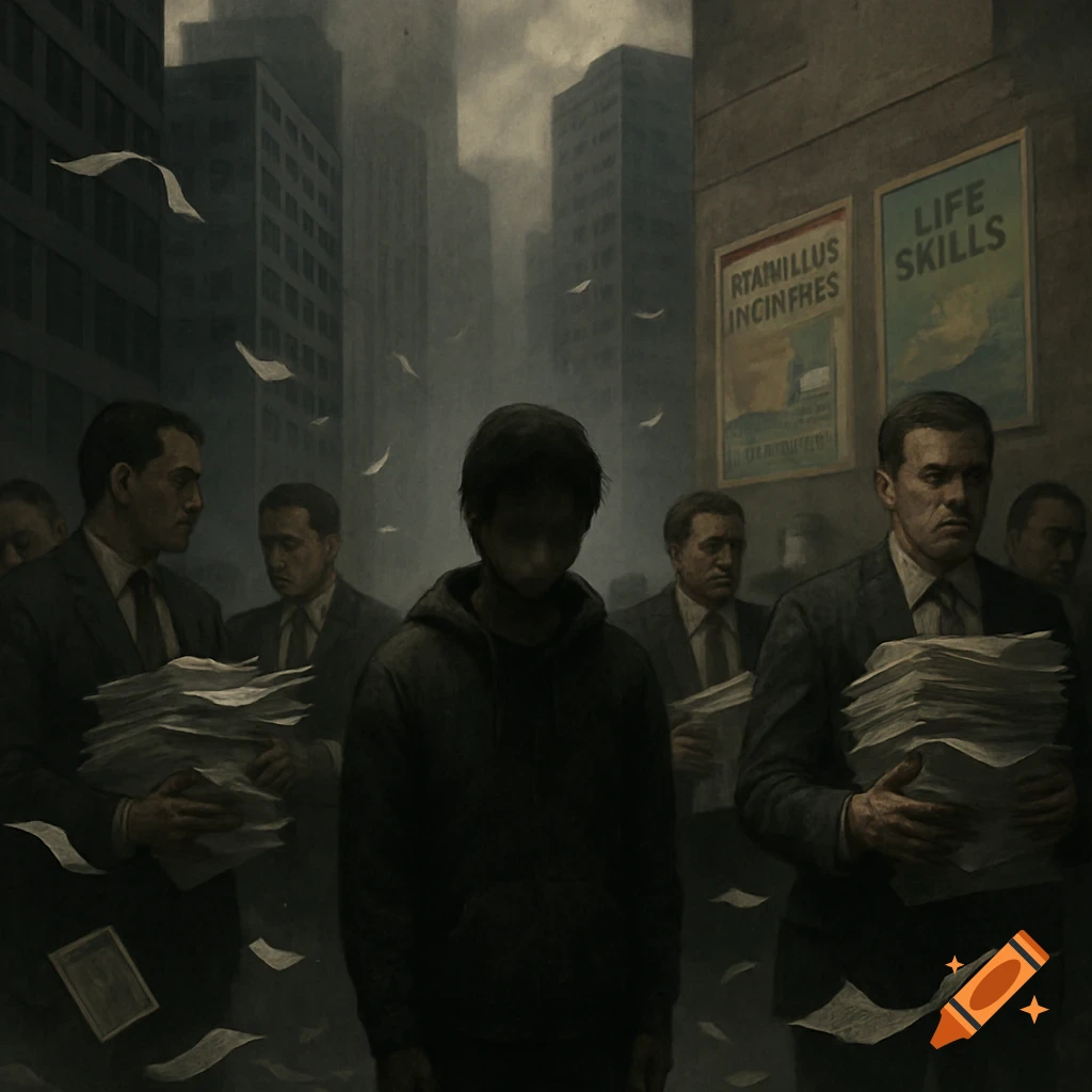 A somber, dark illustration of a person in a hoodie looking down, surrounded by men in suits holding stacks of papers, with more papers falling around them. City buildings and posters are in the background.