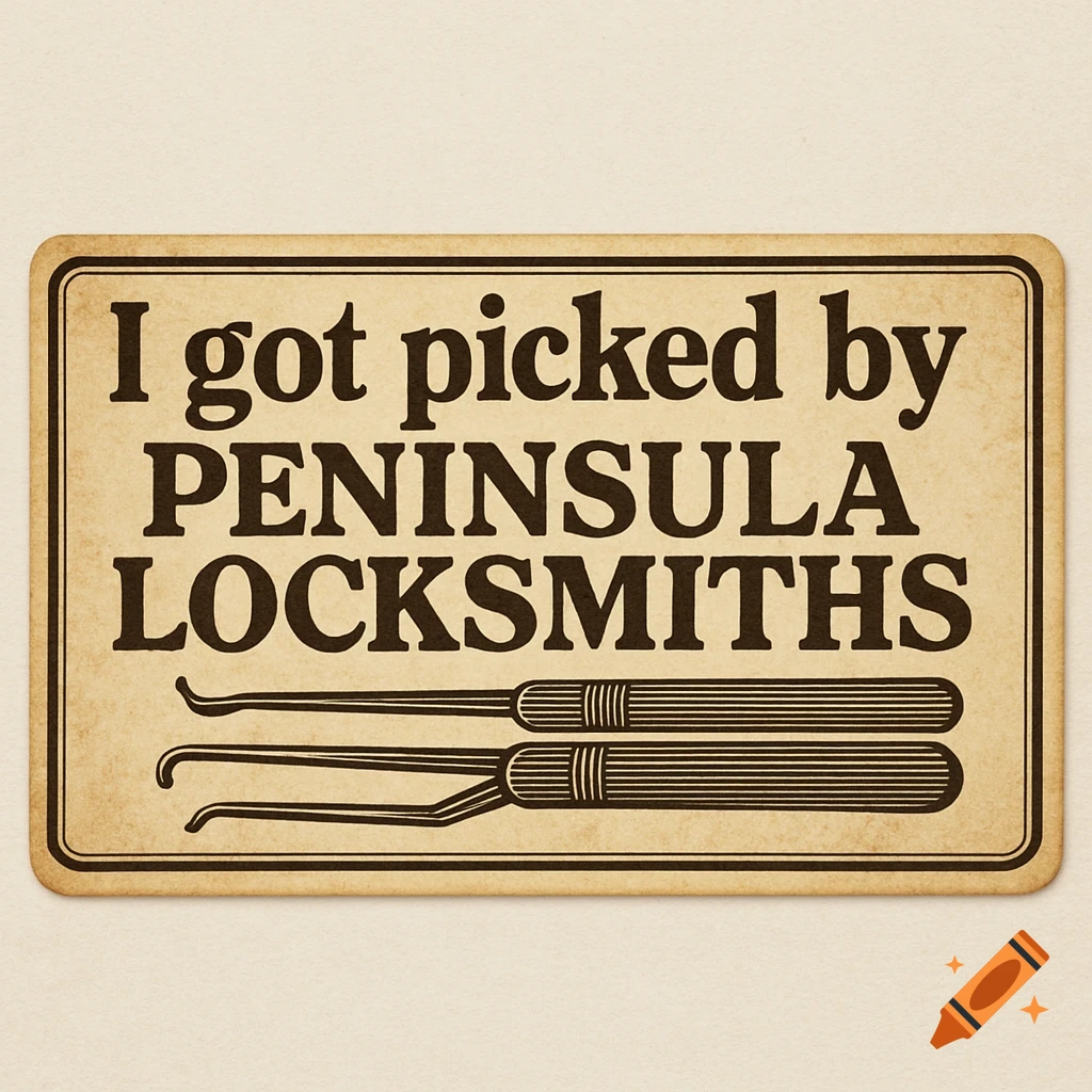 A vintage-style sign with text 'I got picked by Peninsula Locksmiths' and two lock picks.