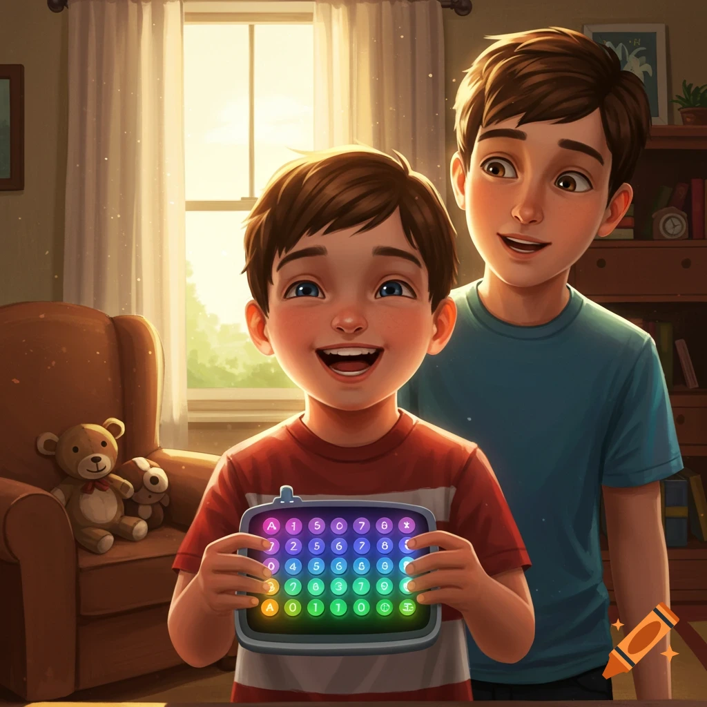 A younger boy smiling while holding a colorful AAC device, with an older boy standing behind him in a sunny room.
