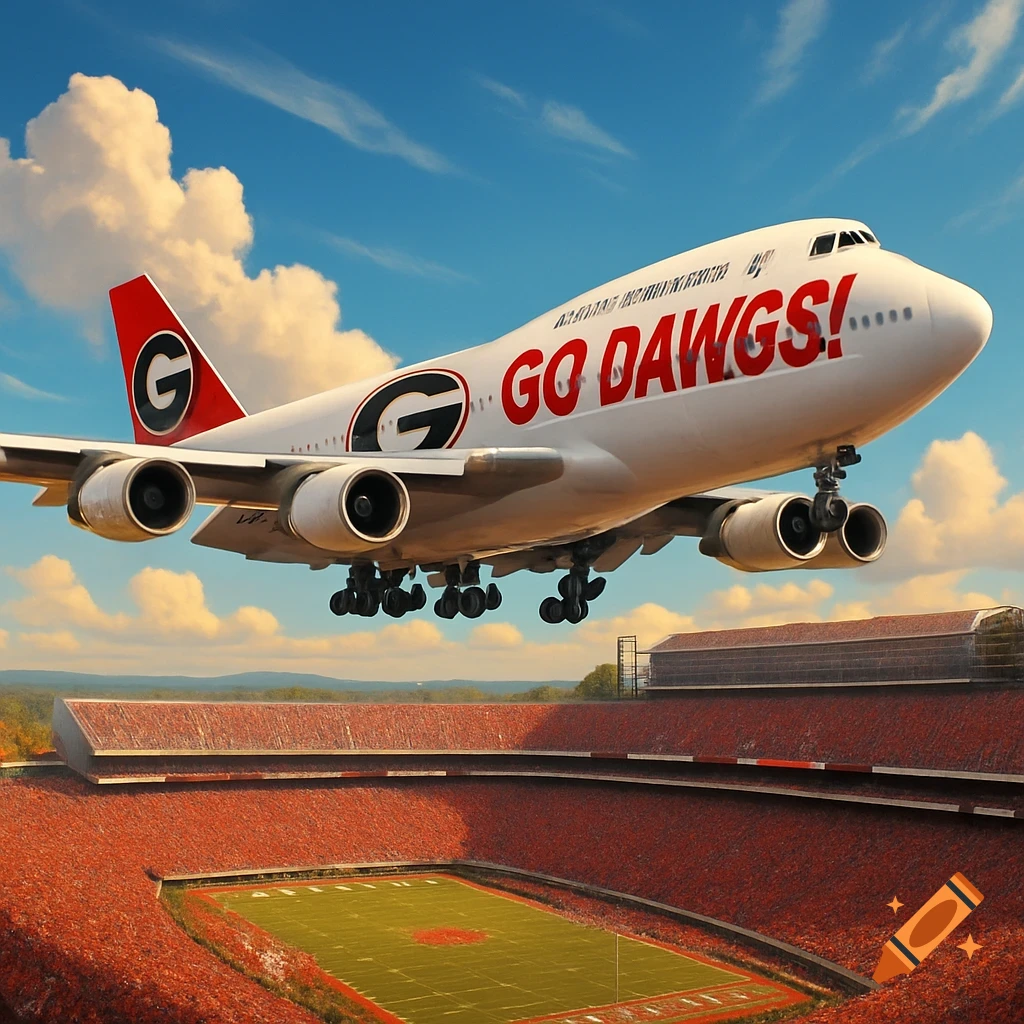 A white Boeing 747 airplane with "GO DAWGS!" and a 'G' logo painted on its side, flies low over a large red college football stadium under a blue sky with clouds. The stadium is filled with red-clad spectators.