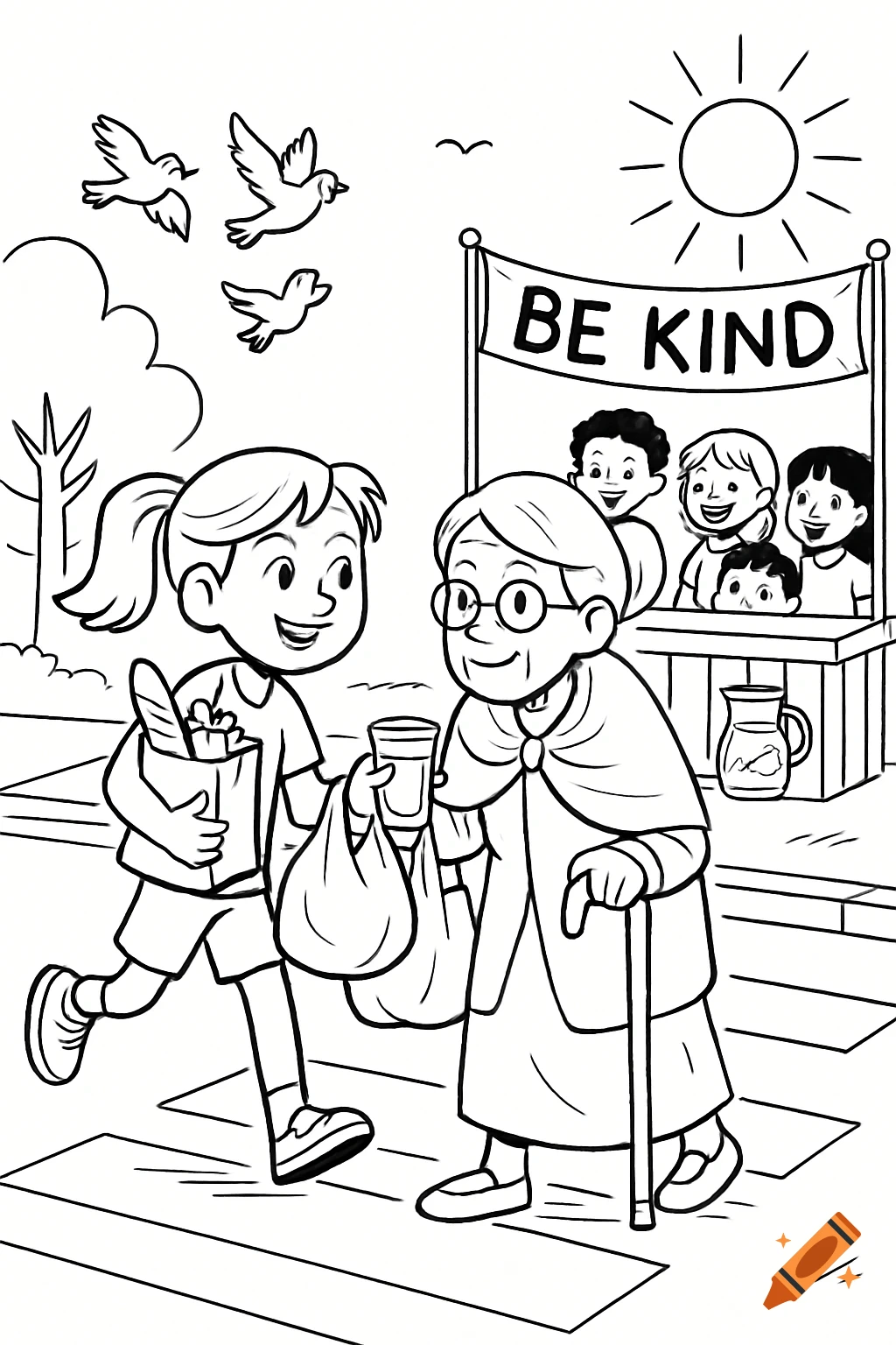 Black and white line art of a girl helping an elderly woman with groceries, while children at a lemonade stand with a 'BE KIND' banner smile in the background.