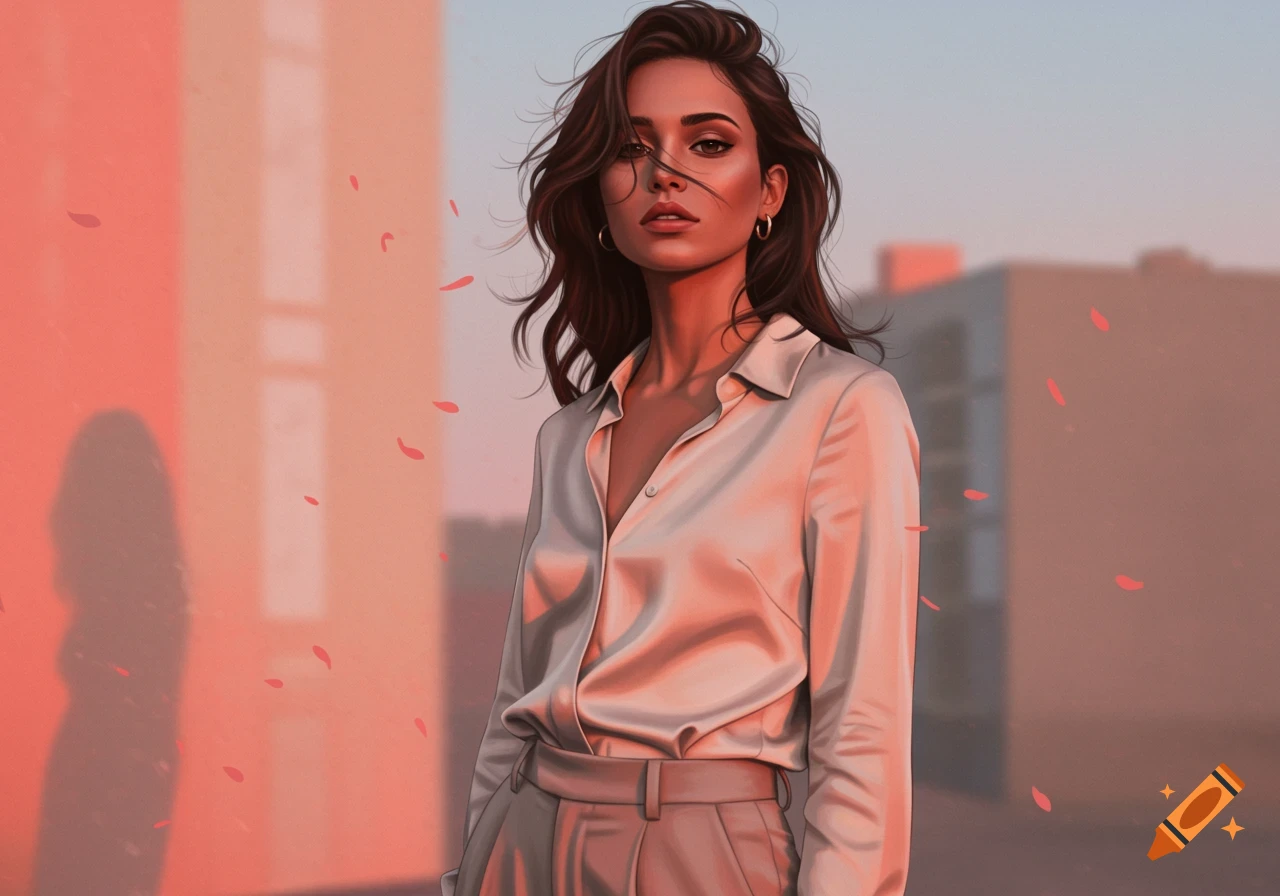 A windswept woman in a silk blouse and gray pants stands outdoors in warm sunset light with red petals floating around her.