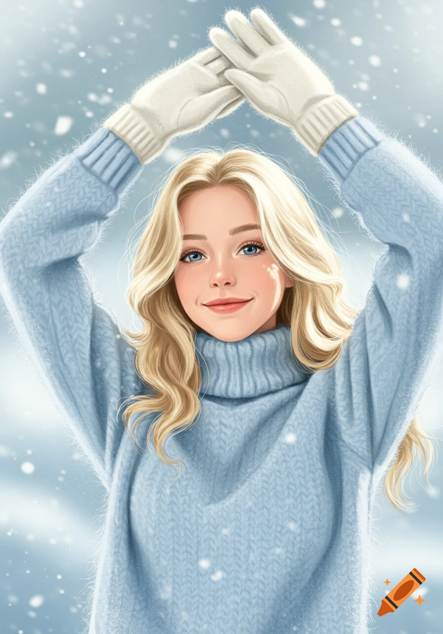 An illustrated portrait of a blonde woman in a light blue turtleneck sweater and white gloves, smiling in a snowy outdoor setting.
