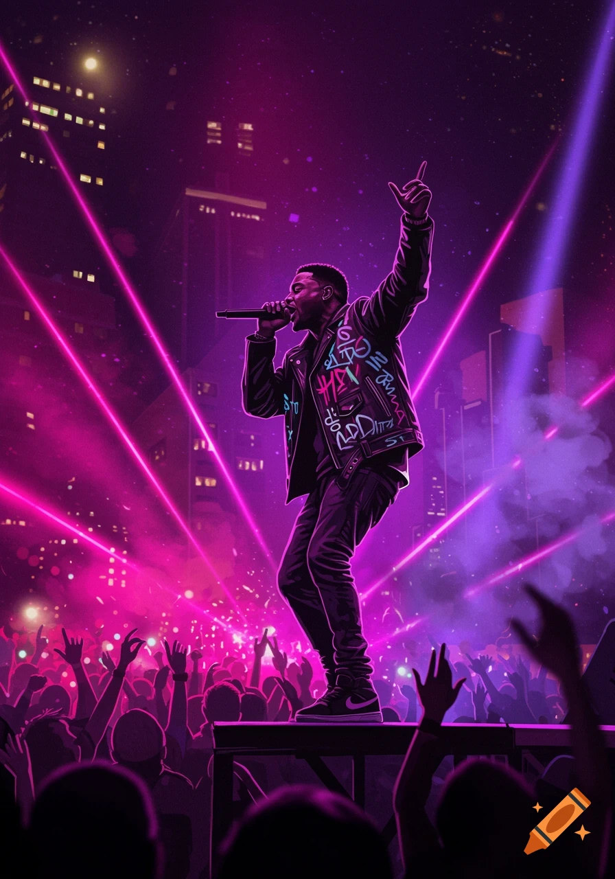 A rapper performs on stage under bright pink and purple laser lights with a city skyline and crowd in the background, in a stylized digital art style.