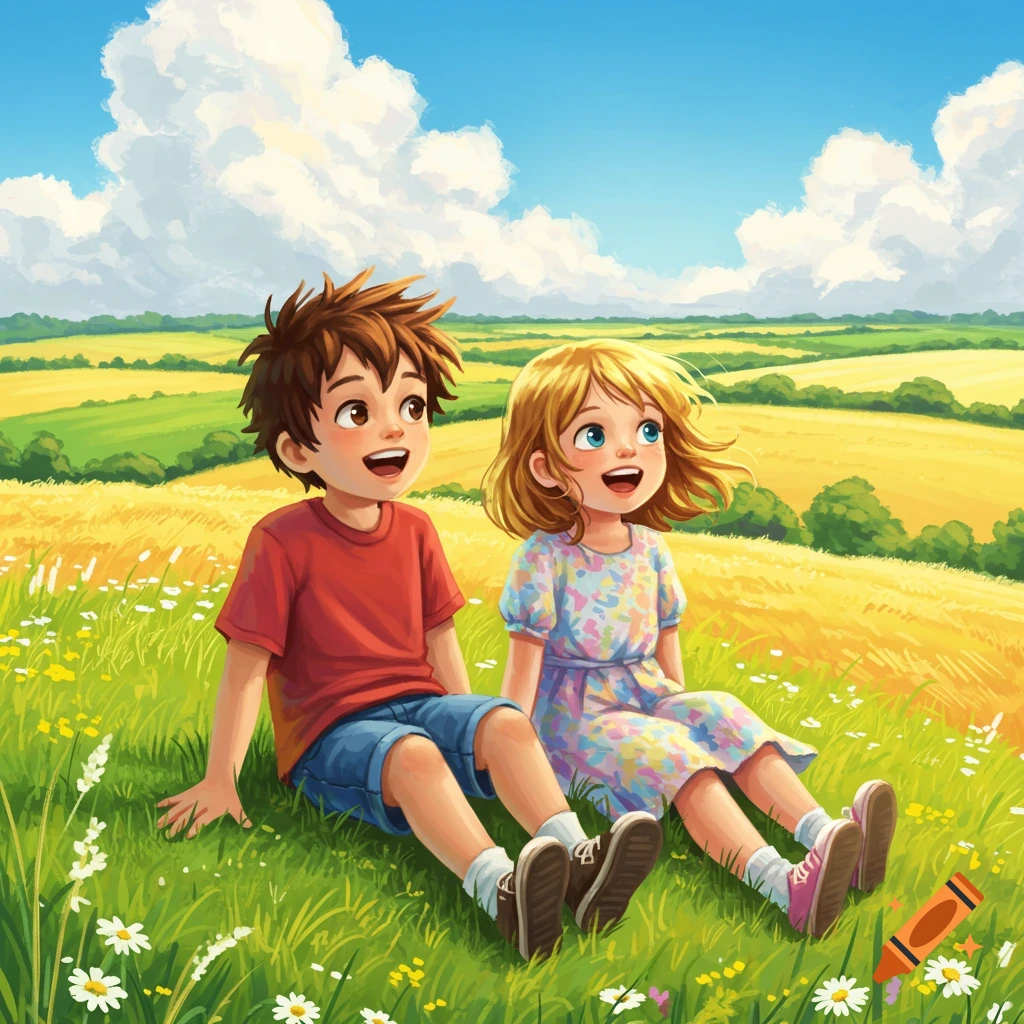 A cheerful boy and girl sit in a sunny, green and yellow field under a blue sky with white clouds, in an illustration style.