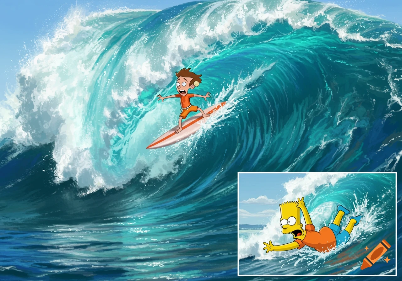 Cartoon character Carl Wheezer surfing a giant blue wave, with a smaller inset image of Bart Simpson falling into a wave.