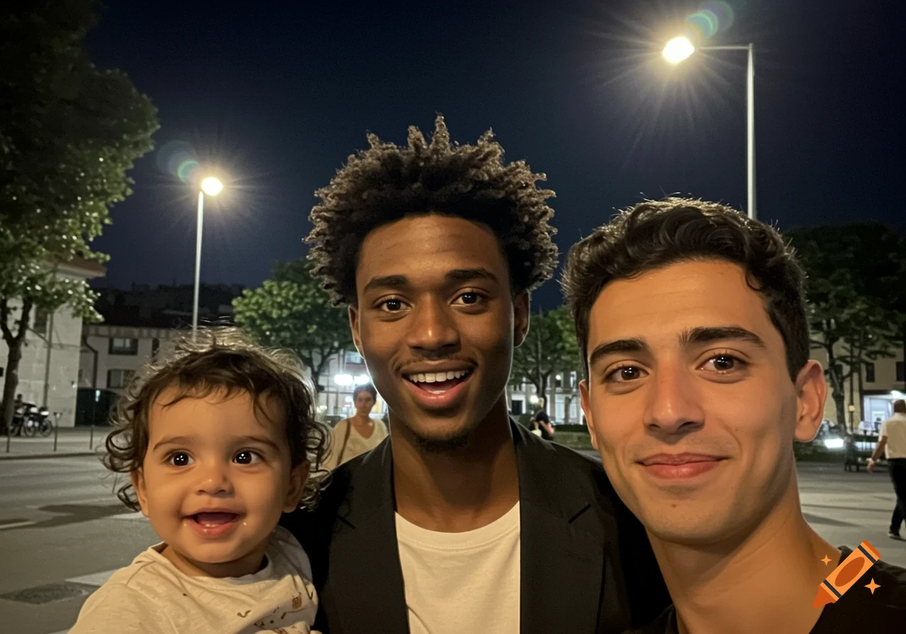 A smiling man holding a smiling toddler, with another smiling man beside them, take a night selfie under streetlights.