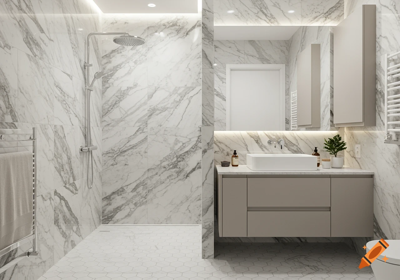 Modern bathroom with marble walls, white hexagon floor tiles, and a gray vanity with a white sink.