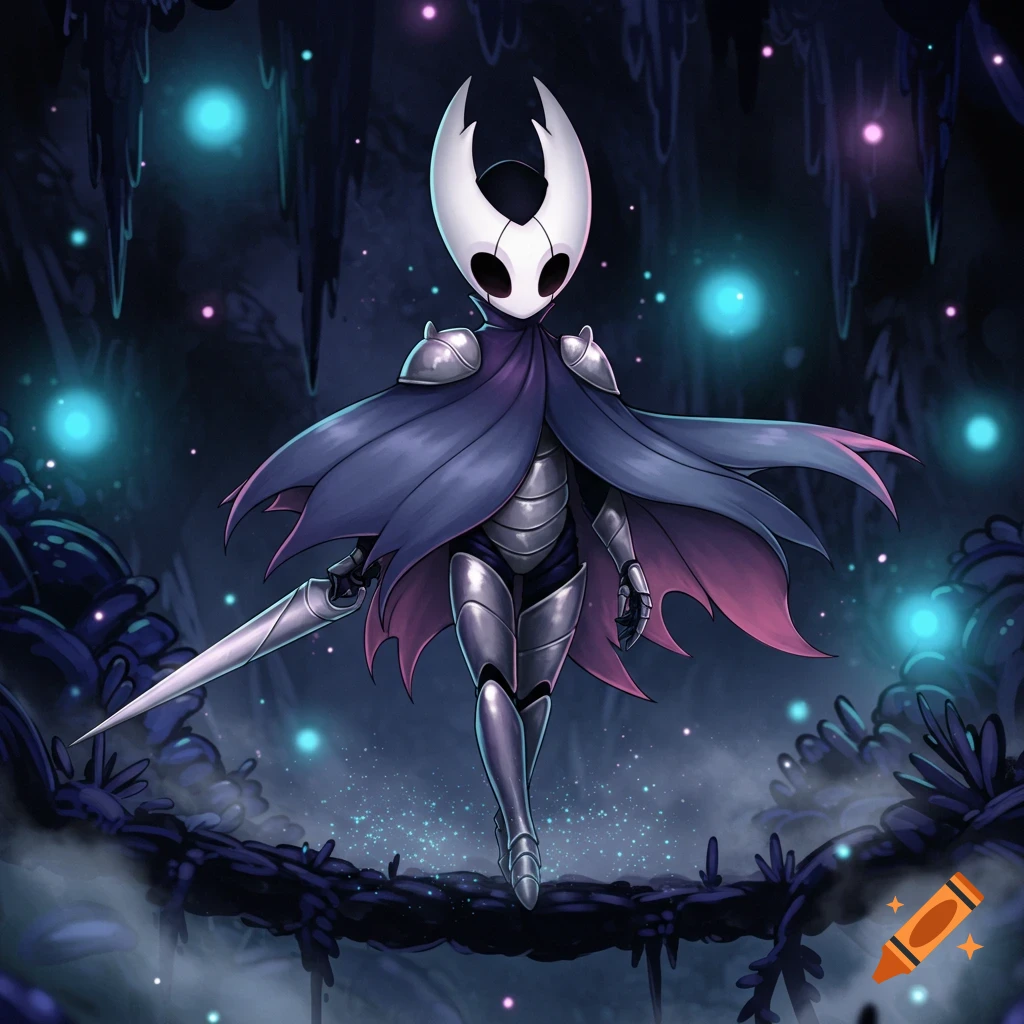 A fantasy character resembling a knight with a horned helmet and cape, holding a sword in a glowing cave.